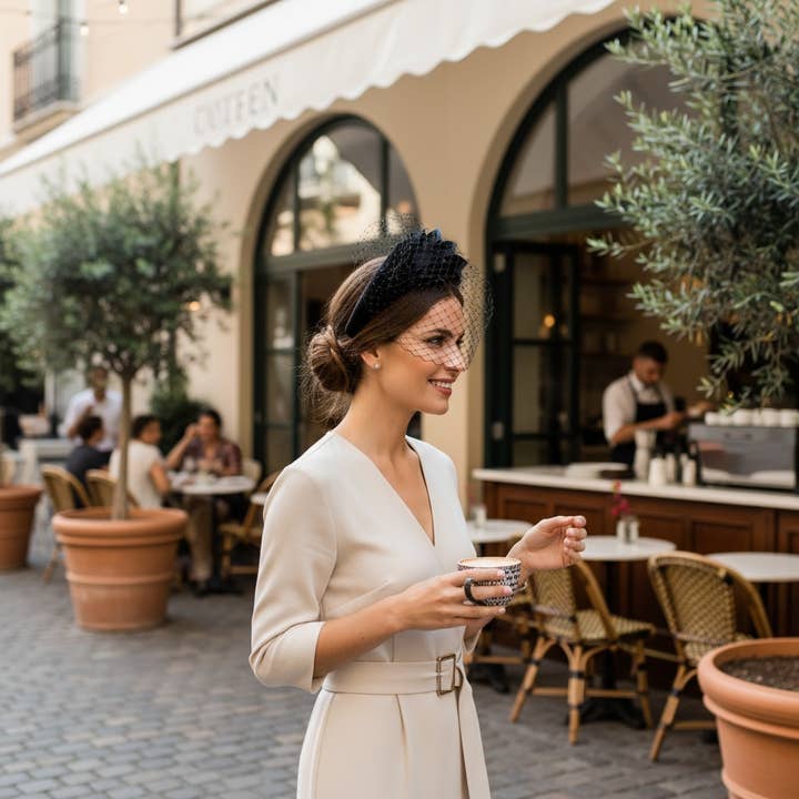 ATHENA COLLECTION FASCINATOR MIT VOGELKÄFIG-SCHLEIER, SCHWARZ für den Großhandel von Athena Bridal Jewellery