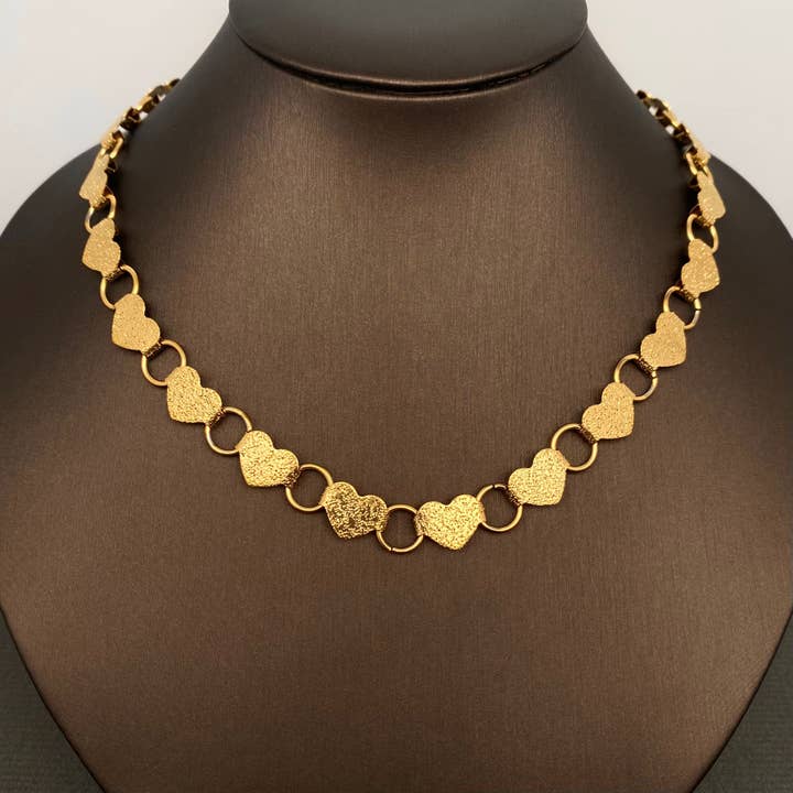 18K Golden SS Hammered Texture Heart Linked Necklace - FGS for wholesale by Mio Queena