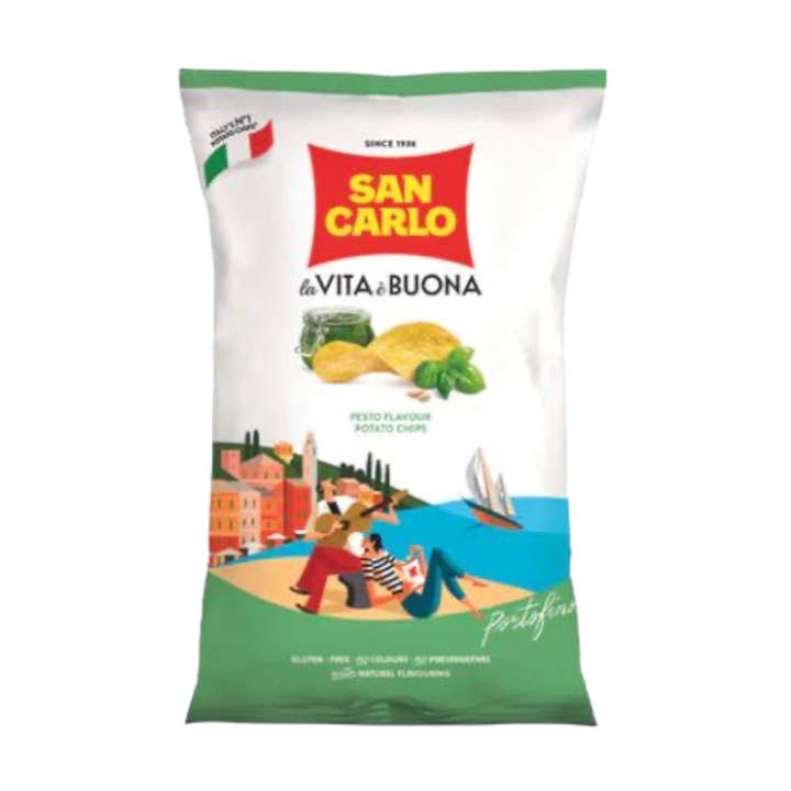 Pesto Flavour Potato Chips By San Carlo 50g for wholesale by Made in eatalia