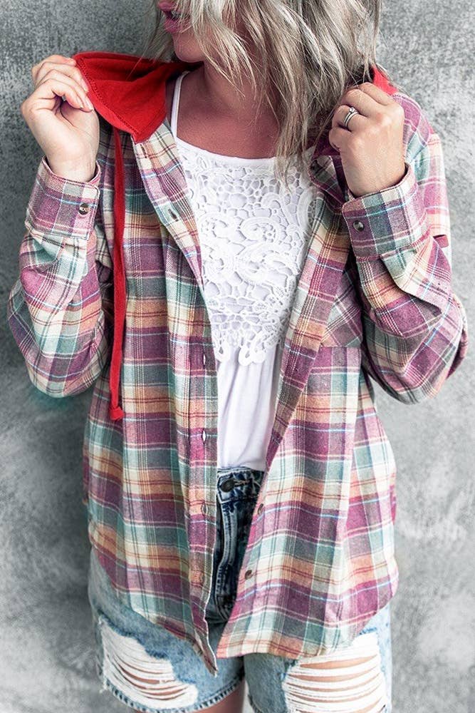 UNISHE – Großhandel Hoodie – Damen – TOPW531 Kariertes Kapuzenhemd mit Knopfverschluss Frauen3