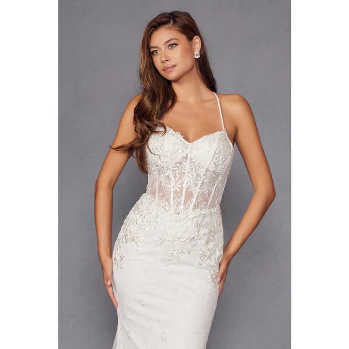 OFF WHITE EMBELLISHED LACE MERMAID WEDDING DRESS for wholesale on Faire0