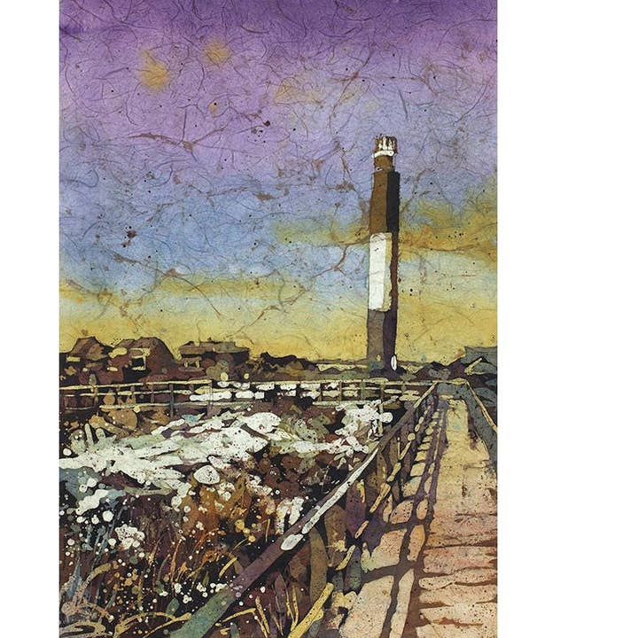 Faro di Oak Island. Pittura batik ad acquerello del faro di Oak Island nella Carolina del Nord. Faro OBX. Pittura a forma di faro (stampa) per la vendita all'ingrosso da parte di Ryan Fox Fine Art