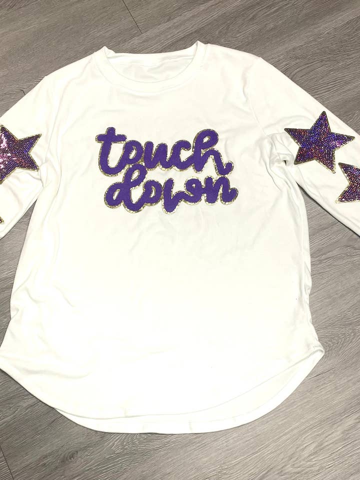 Chenille-Aufnäher mit Aufschrift „Touch Down Game Day“, mit Stern aus Pailletten, zum Selbermachen, Aufnäher zum Aufbügeln, Rückseite mit goldenem Glitzer für den Großhandel von sequinandstiches