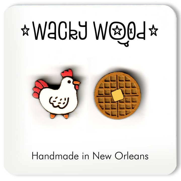 Chicken and Waffle Earrings, Breakfast Earrings for wholesale by Wacky Wood