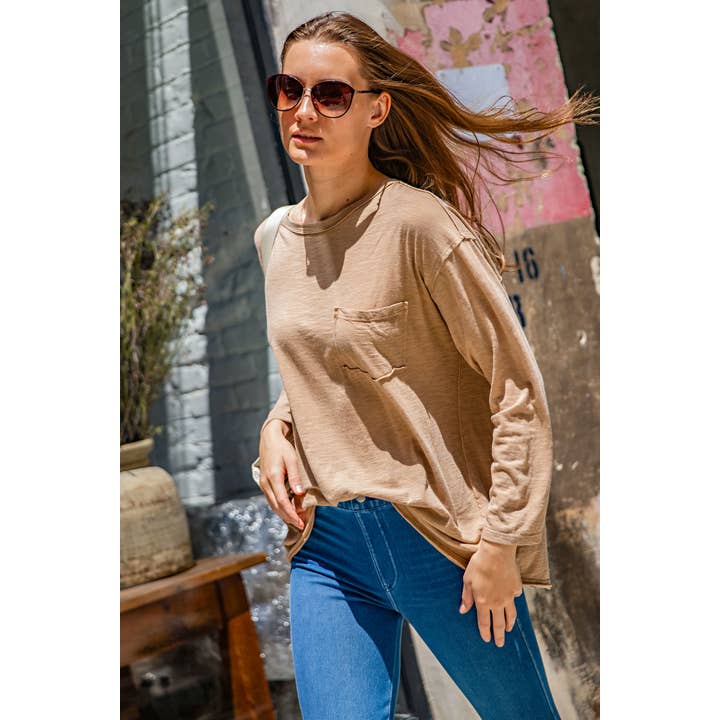 Rae Mode - Wholesale Tunic - Women's - MINERAL WASHED ROUND NECKLINE LONG SLEEVES TOP1