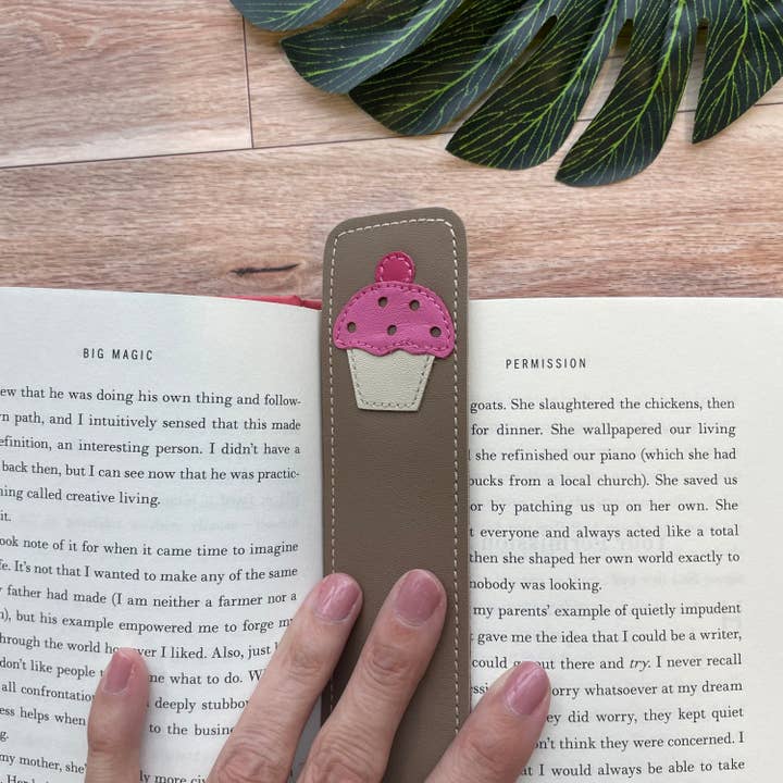 Leather Bookmark With Sweet Cupcake Design, Pink and Tan for wholesale by Mally Designs