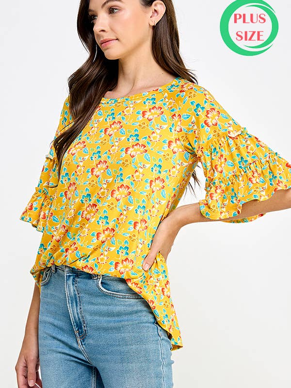Gebreide top met klokmouwen en bloemenprint in grote maten voor wholesale door Melon Fashion