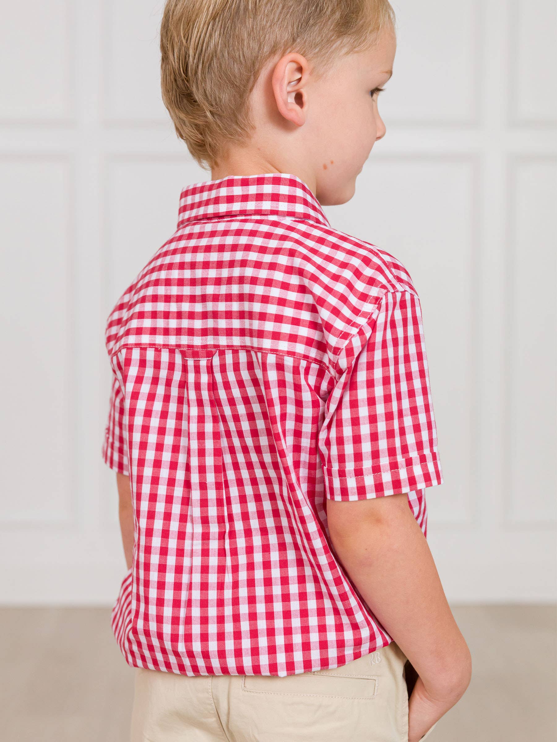 Boys Classic Red Gingham Short Sleeve Button Down Shirt for wholesale on Faire4