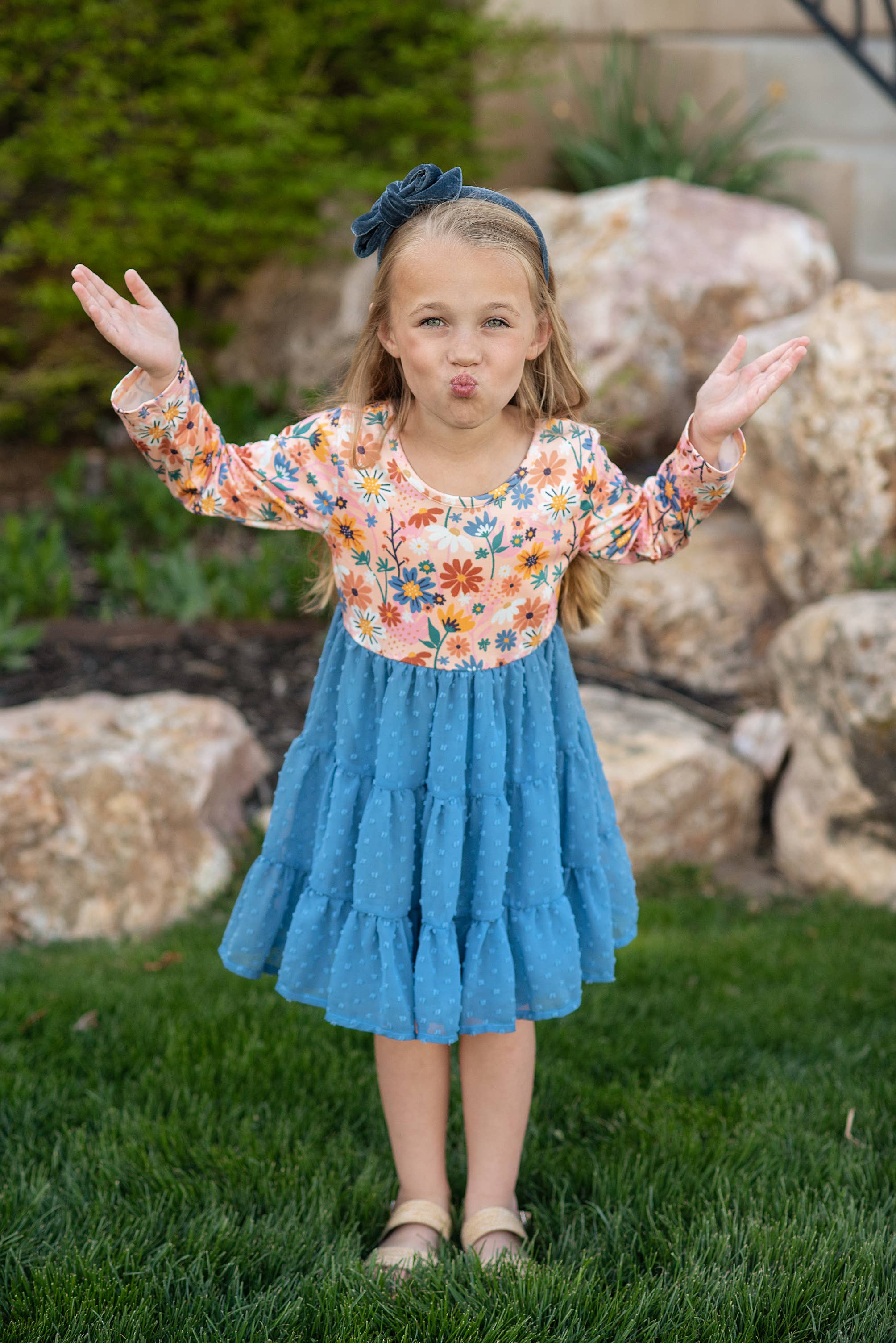 Adorable Sweetness - Wholesale Dress - Kids - Kids Dusty Blue Flower Print Swiss Dot Tulle Fall Dress 6