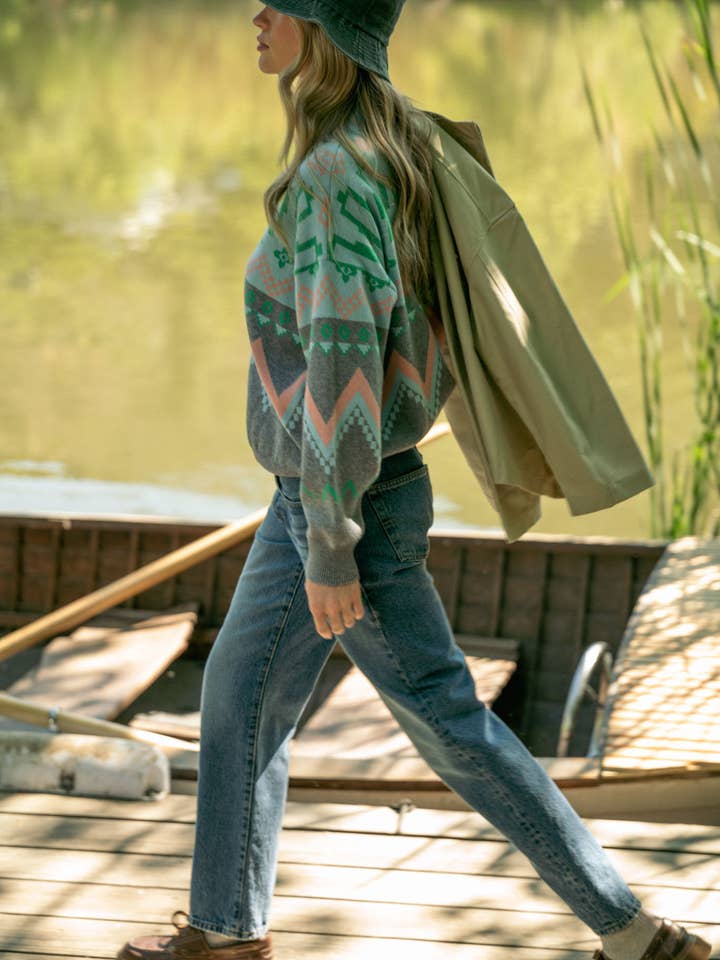 Burgundy Multi GEOMETRIC KNIT MOCK NECK HALF ZIP PULLOVER SWEATER MSW10885 for wholesale on Faire26