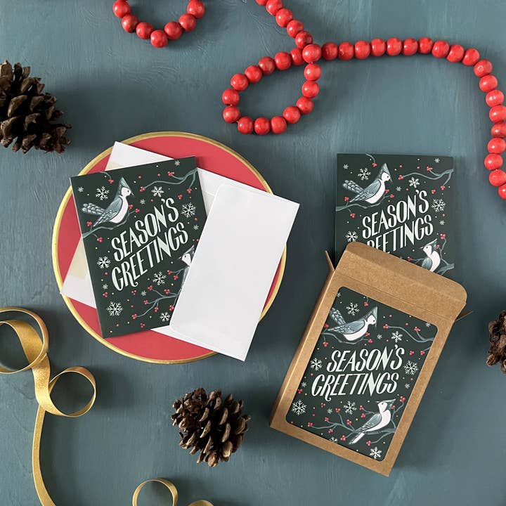 Blue Jay Season's Greetings Christmas Card 8-card Boxed Set for wholesale by Carabara Designs