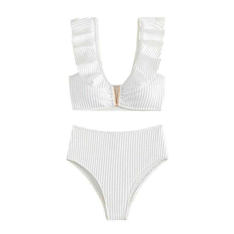 WHITE High Waist Solid Color Bikini With V Neck And Ruffle for wholesale on Faire2