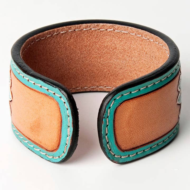 LS Western - Wholesale Cuff Bracelet - LC-ADBRF158 Turquoise Cactus & Flower Hand Tooled Leather Cuff Bracelet - Western Boho Style2