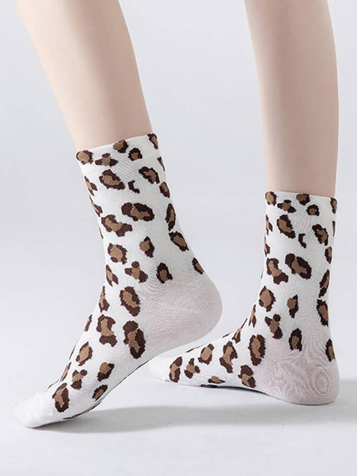 White Leopard Print Polyester Cotton Socks for wholesale on Faire1