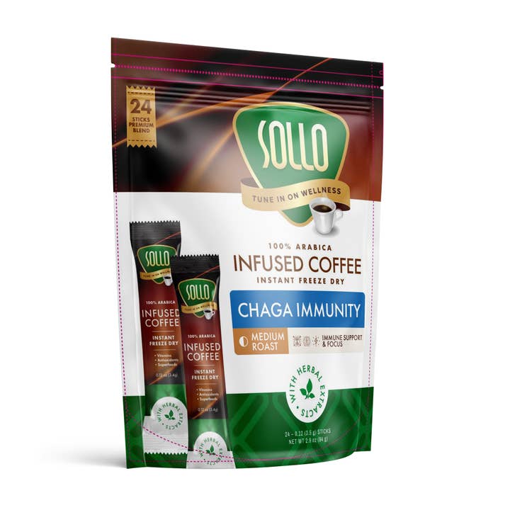Bâtonnets de café instantané infusé au champignon Chaga, 24 unités pour la vente par Sollo Wellness