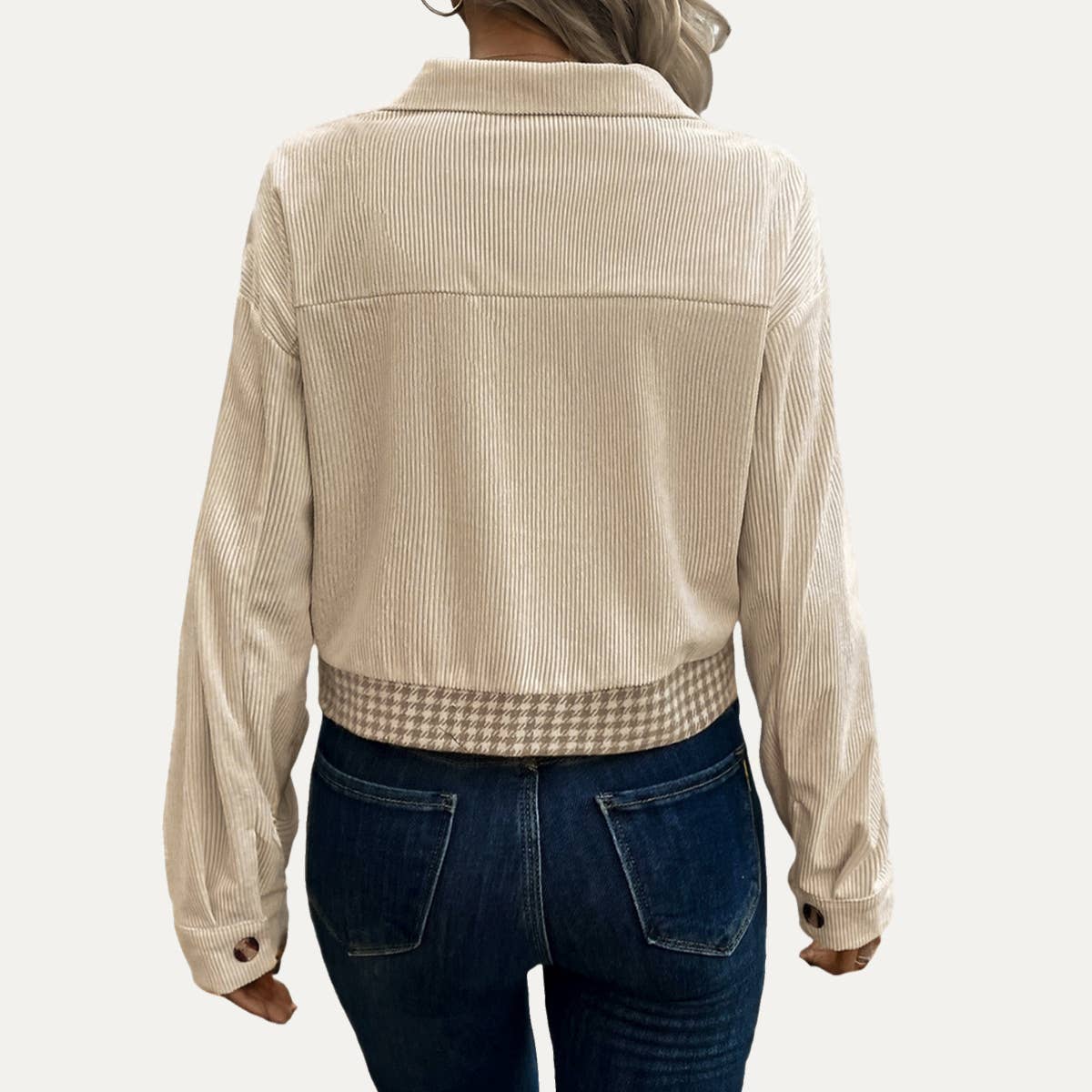Beige Multi Popular Corduroy Houndstooth Splicing Button-Up Crop Jacket for wholesale on Faire8