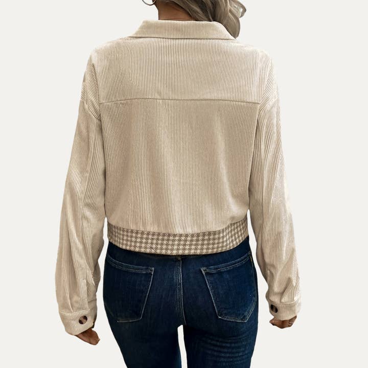 Beige Multi Popular Corduroy Houndstooth Splicing Button-Up Crop Jacket for wholesale on Faire8