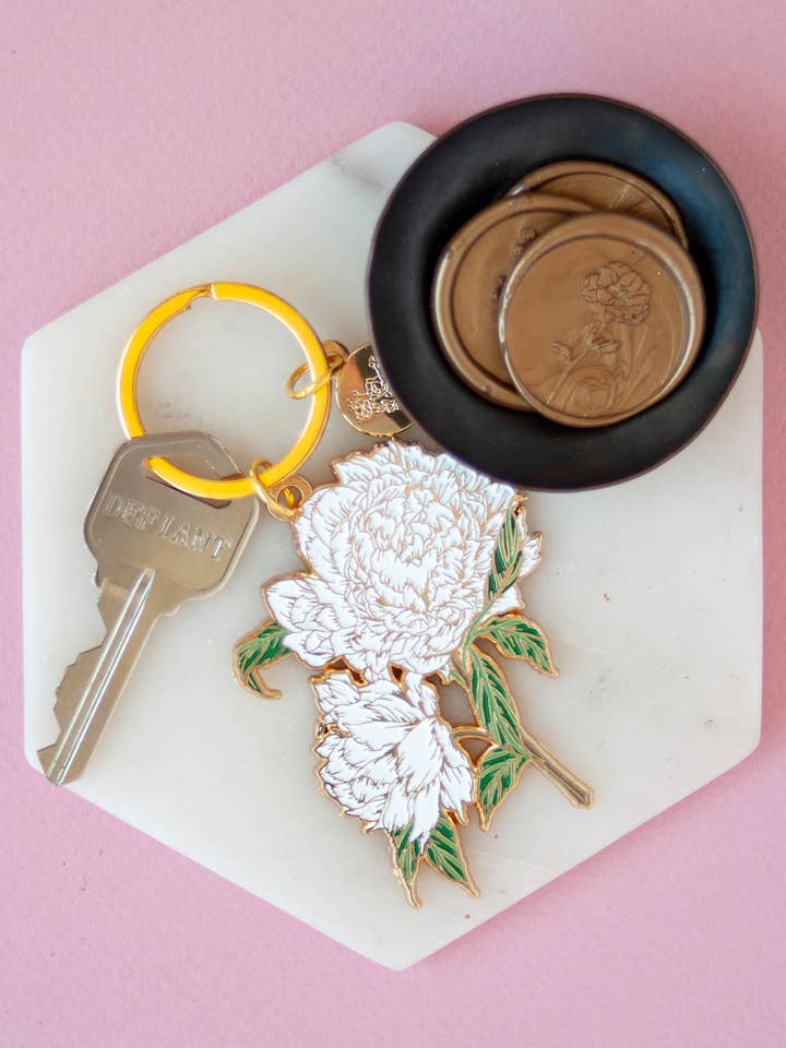 White Peonies Gold Soft Enamel Key Chain for wholesale by Seniman Calligraphy