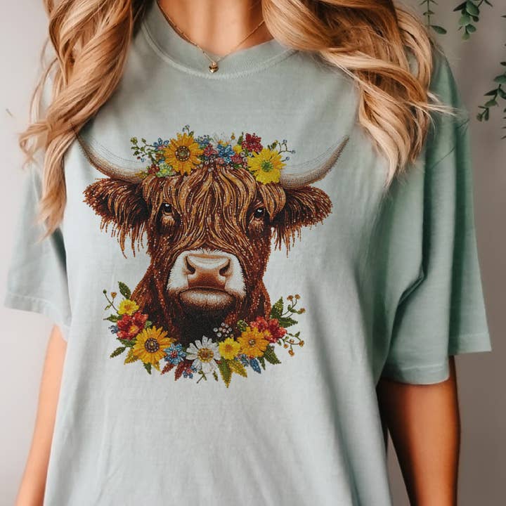Par.tees by Party On! - Wholesale T-Shirt (Graphic) - Women's - Highland Cow Farmers Market Western Country Graphic Tee