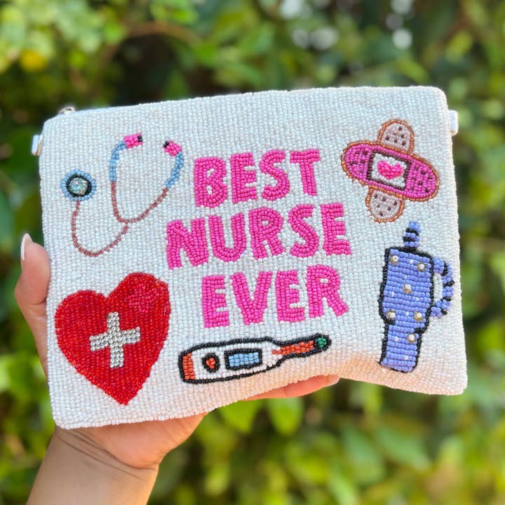 BEST NURSE EVER Large Beaded Pouch for wholesale by Twine and Love