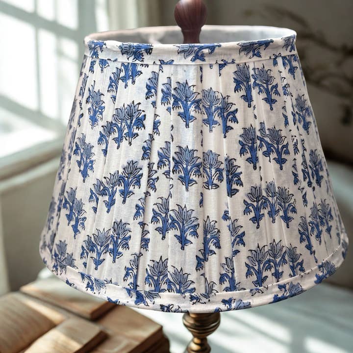 Handmade Floral Block Print Cotton Lampshade | Drum Pleat for wholesale by TerraWeaveHome