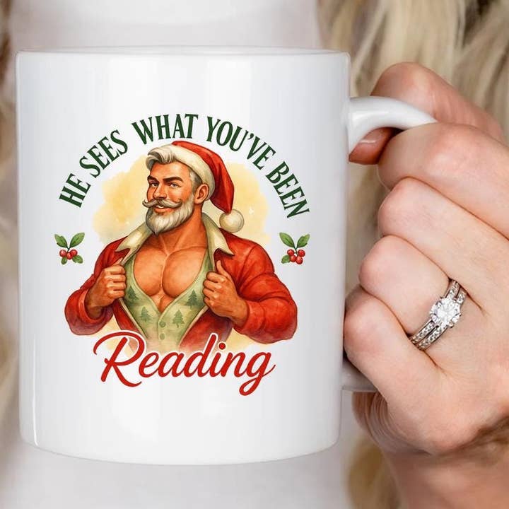 He Sees What You've Been Reading Mug, Bookish Christmas for wholesale by VenusArtsShop