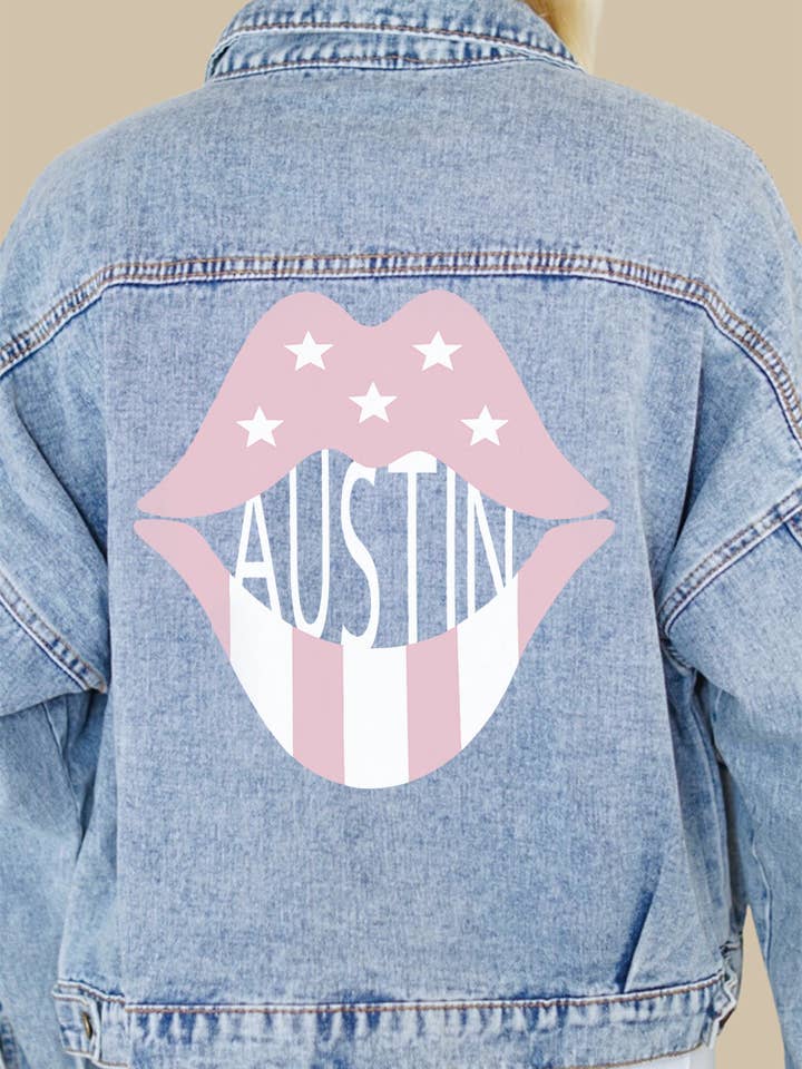 Austin Rose Pink Lips Print Denimjacka för wholesale av Rivalry Runway
