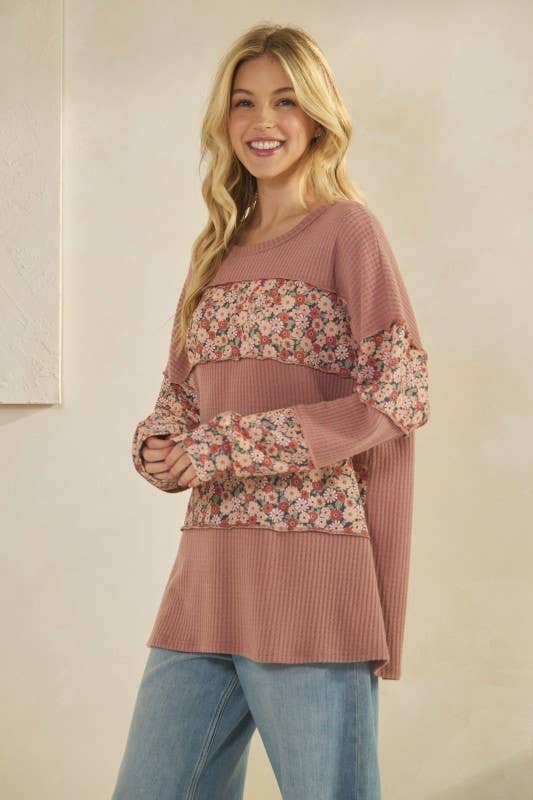 SENNEP T4479HE11-Solid og Blomstret Kontrast Langærmet Top for engroshandel på Faire6