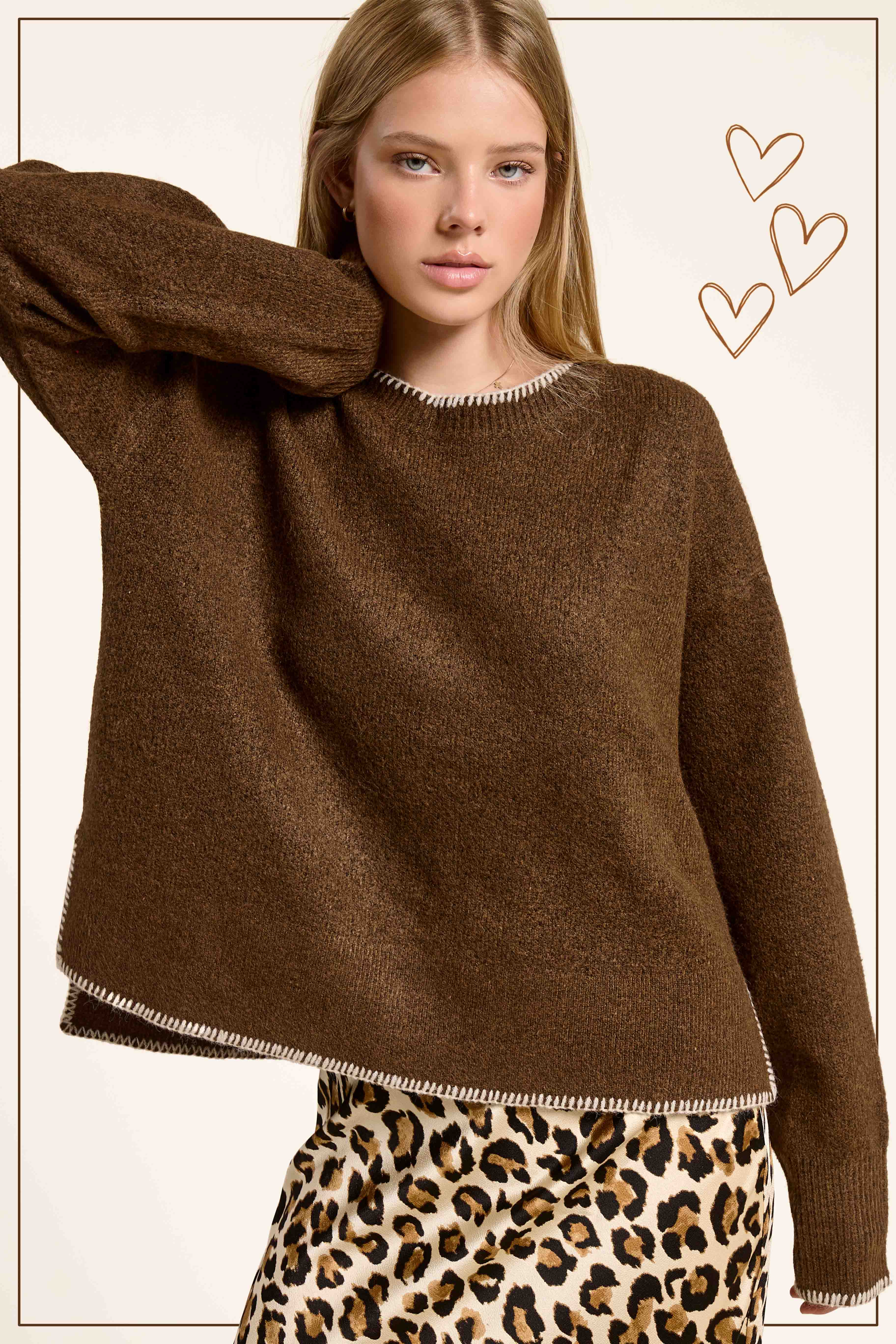 La Miel - Wholesale Knit Sweater - Women's - JDS3607-Hi-Low Crew Neck Sweater W/ Contrast Blanket Stitch26