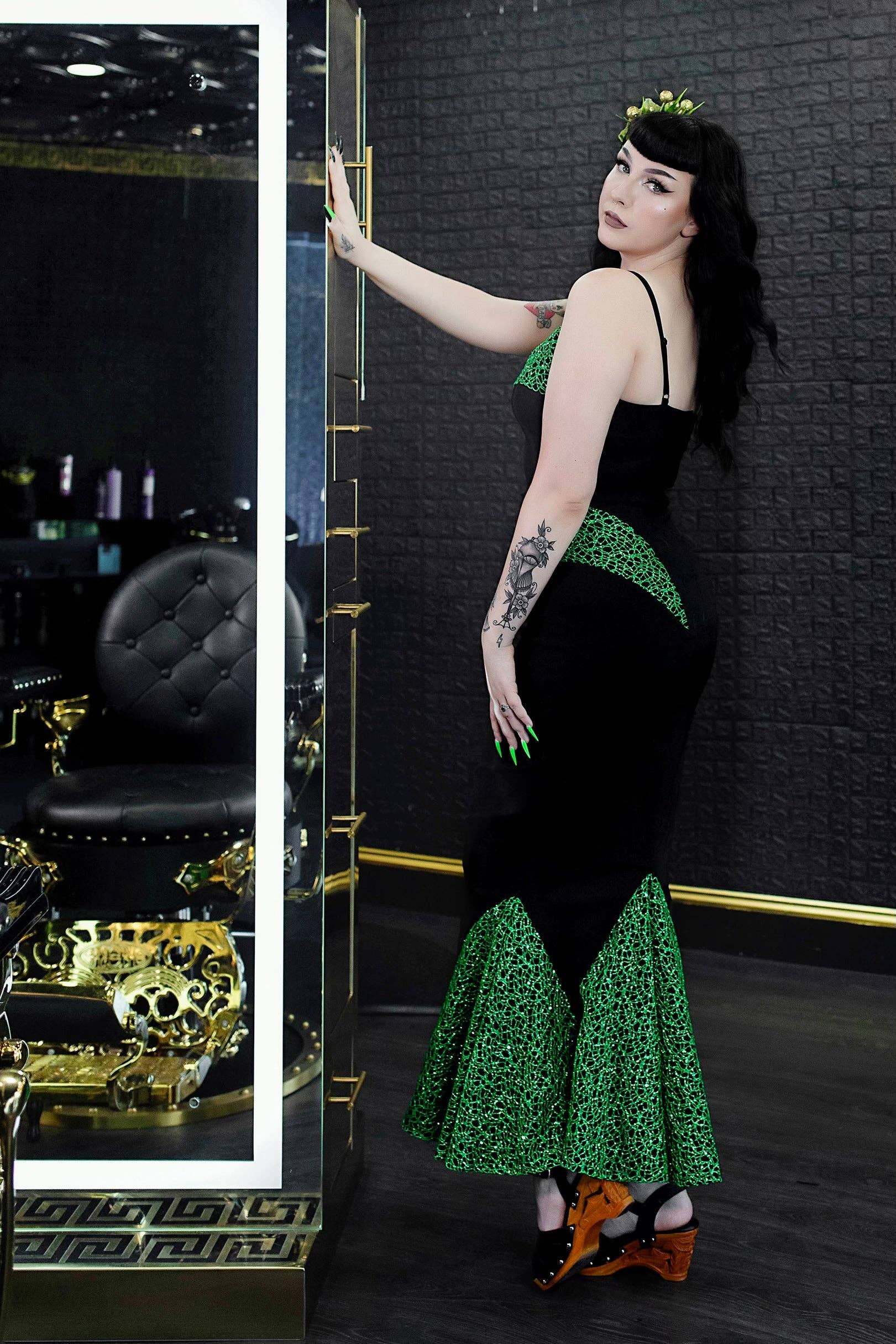 Weasel Wear - Wholesale Gown - Women's - Creature Sparkle Dress in Green - Glitter Net Mermaid Dress with Structured Neckline & Seaweed Sparkle Overlay (Siren of the Swamp Edition)2