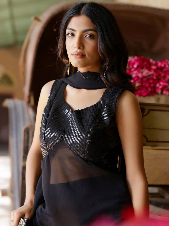 House of Amaya – wholesale Top & pants set (NOT Loungewear) – Women's – Black Sequin Georgette Kurta Set with Dupatta - Set of 31