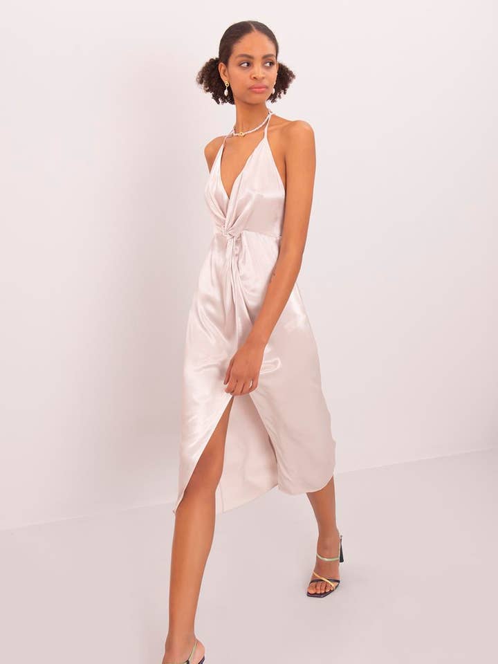 17016-Open Back Halter Neck Midi Dress - Stone for wholesale by BSL