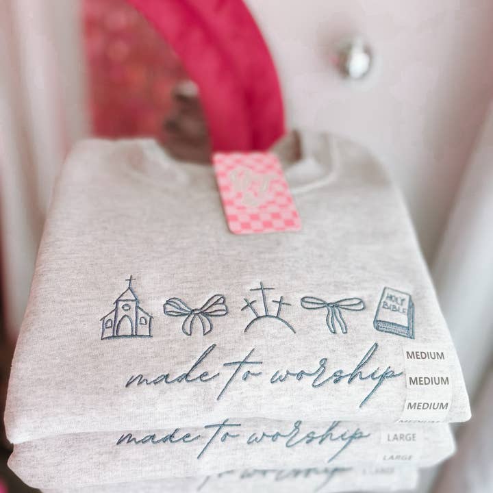 Made To Worship Embroidered Crewneck | Church Sweatshirt and other Purchase Wholesale crewneck sweatshirts. Free Returns & Net 60 Terms on Faire trending on Faire.