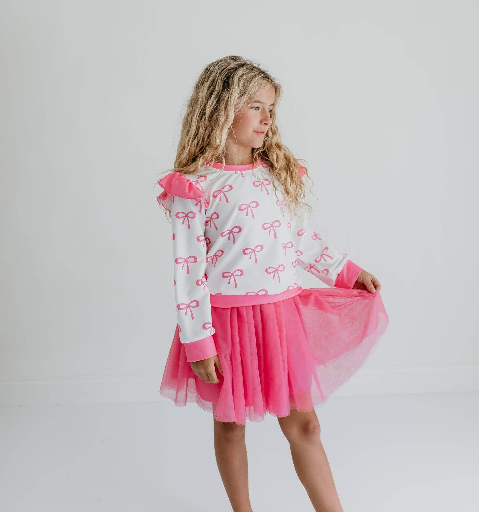 Adorable Sweetness - Wholesale Top & Skirt Set - Kids - Girls White & Hot Pink Coquette Bow and Tulle Skirt Set7