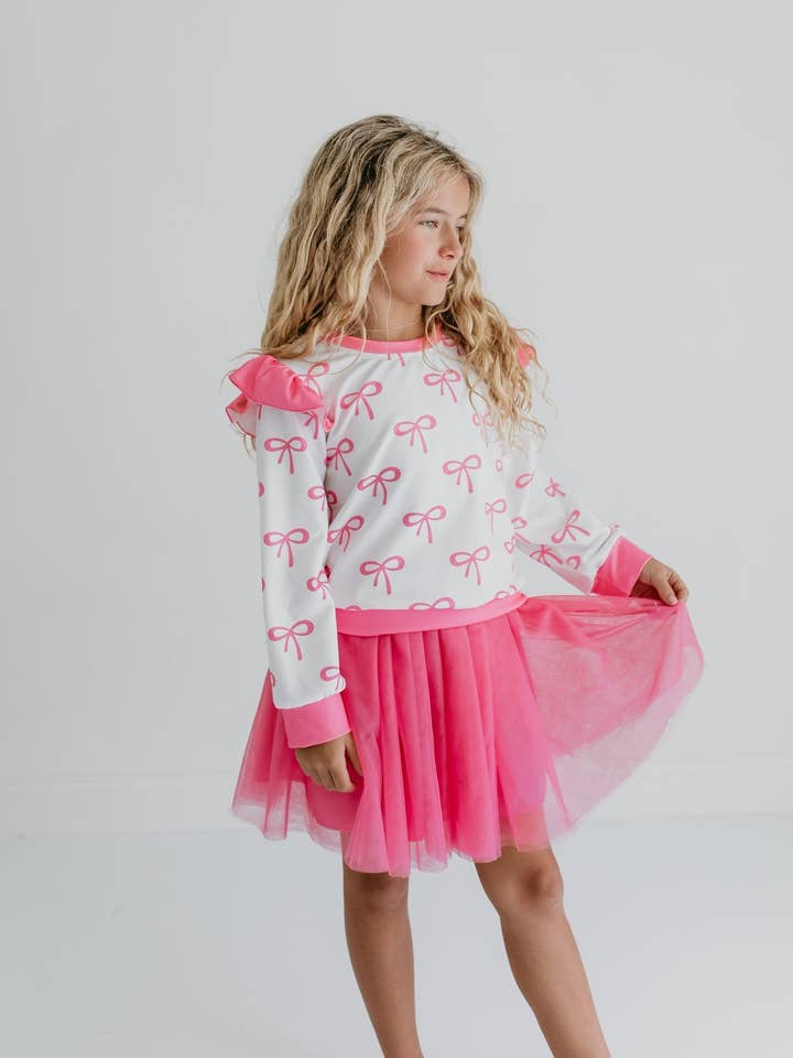 Adorable Sweetness - Wholesale Top & Skirt Set - Kids - Girls White & Hot Pink Coquette Bow and Tulle Skirt Set7