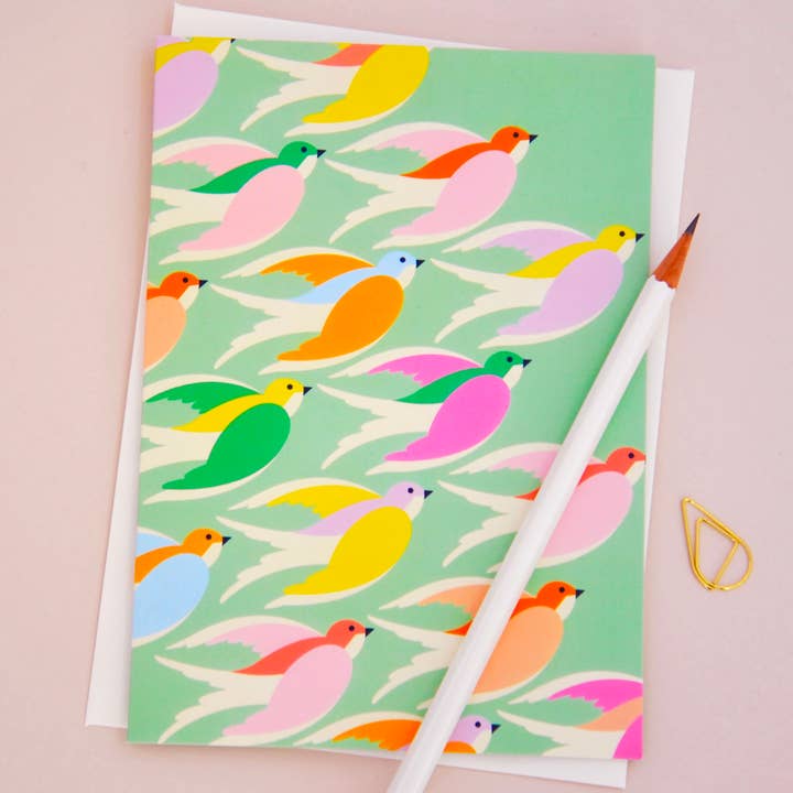 Illustrated Birds in Flight Greetings Card – Mint Green for wholesale by Elvira.v.v.Designs
