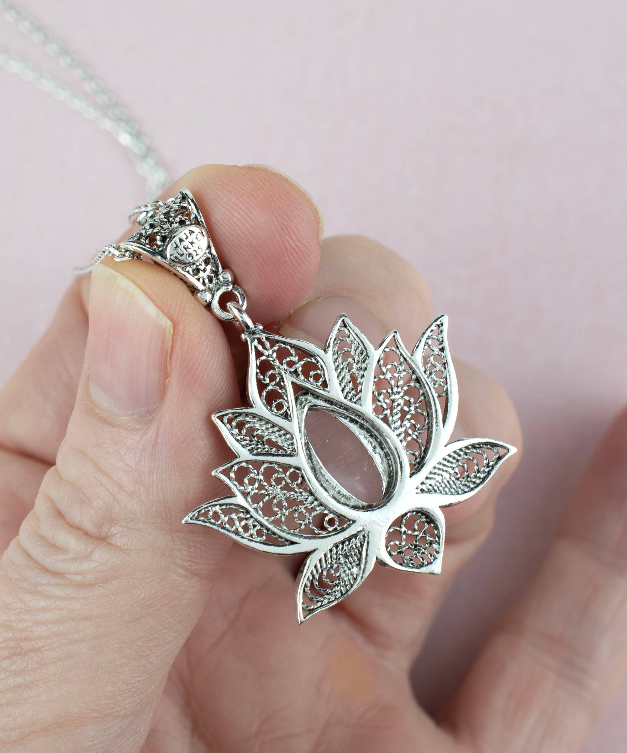 Filigranist Jewelry - Vente Colliers à pendentif - Collier à pendentif en argent sterling en filigrane en forme de lotus et quartz rose pour femme4