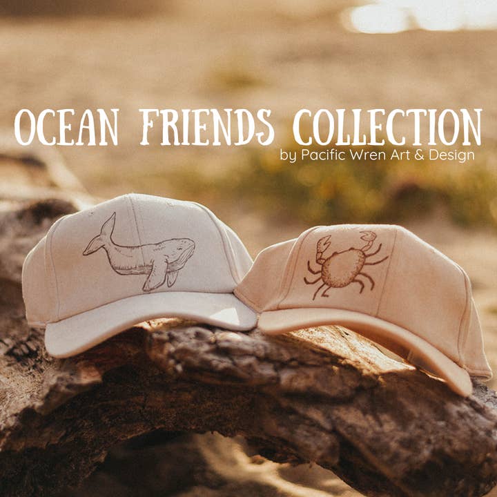 Pacific Wren Art & Design - Wholesale Baseball Cap - Unisex - Wood-Burned Baseball Cap - Ocean Friends Collection