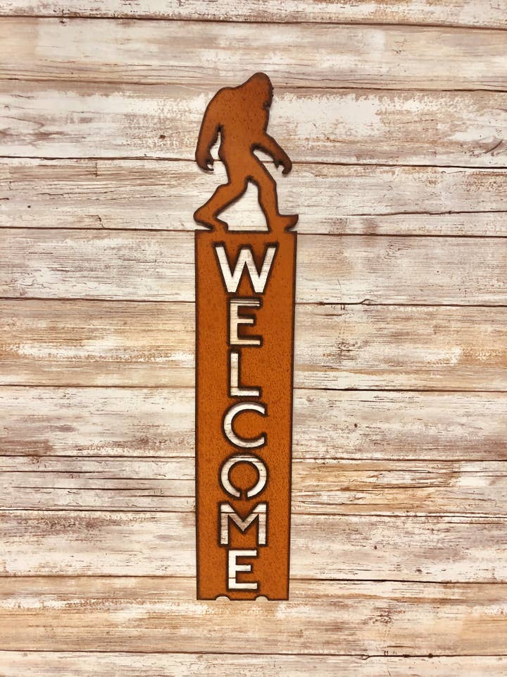 Bigfoot Yeti Sasquatch Vertical Welcome Sign for wholesale by Universal Ironworks USA