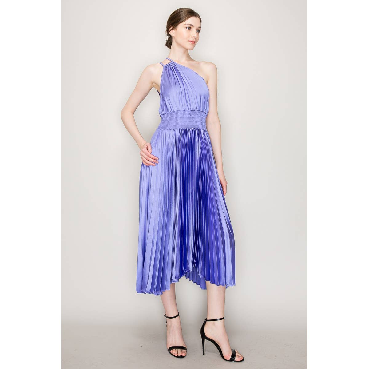 INA - Wholesale Dress - Women's - One-Shoulder Double Strap Pleated Satin Dress3