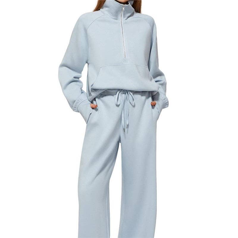 UZ Wholesale Store – wholesale Mjukisset – Dam – Set med halvzip-tröja i ren färg och joggers med vida ben9