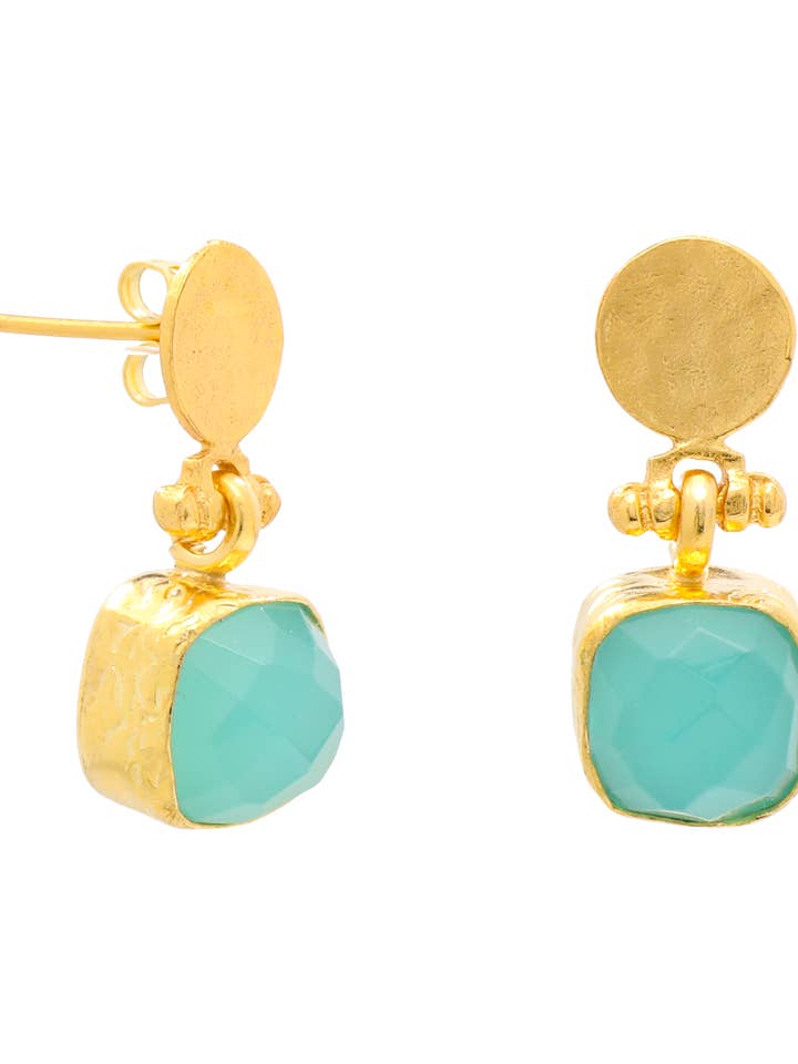 Cushion Cut Aqua Chalcedony Earrings With Hammered Post for wholesale by AJS Design Studio