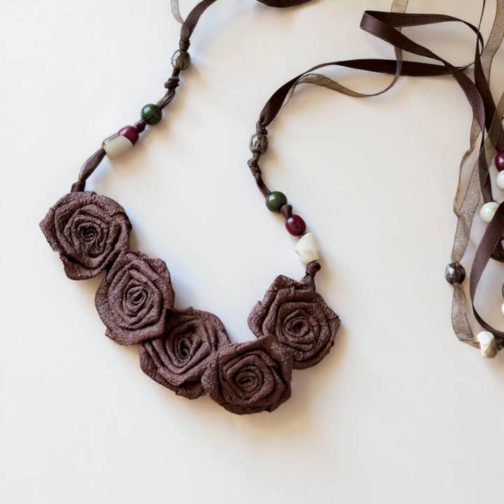 Khaki Fabric Flower Waist Belt with Beaded Tassel Ties and Adjusta for wholesale on Faire1