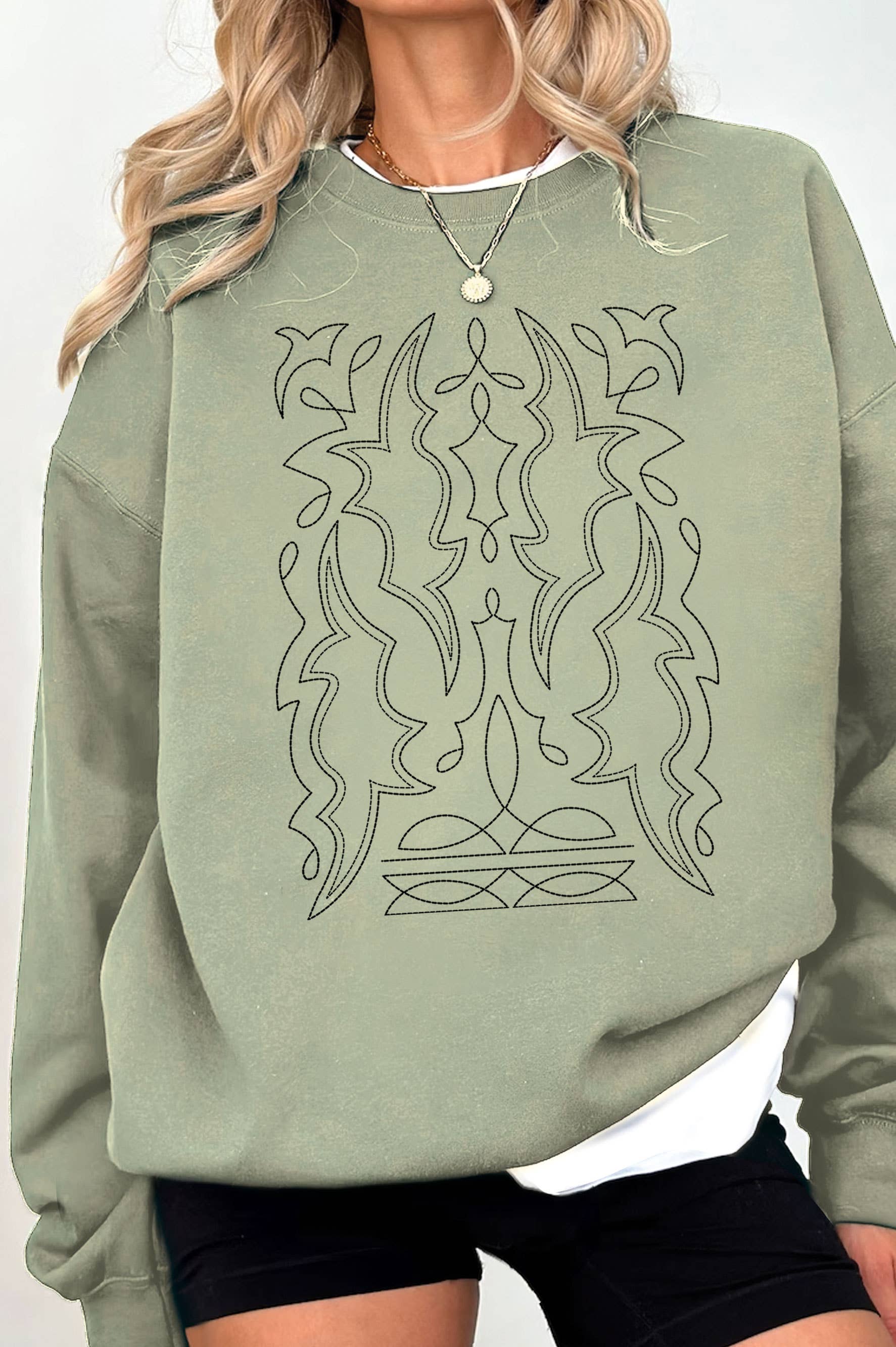 Rustee Clothing - Wholesale Graphic Sweatshirt - Women's - COWBOY BOOTS STITCH PATTERN PUFF GRAPHIC BRUSHED SWEATSHIRTS4