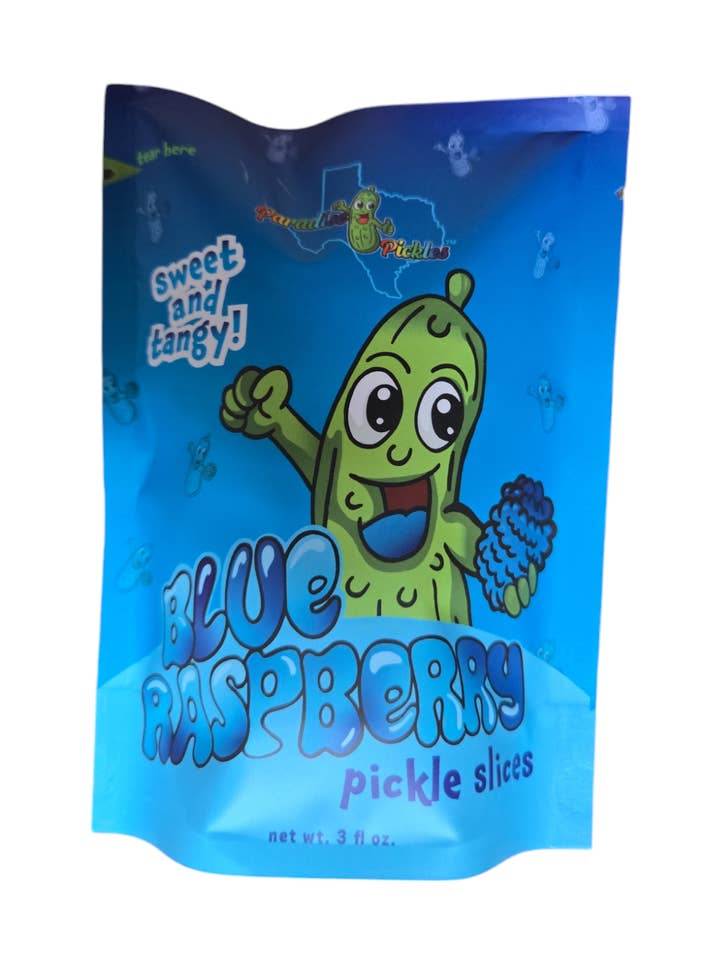 25 Blue Raspberry Pickle Snacks!  for wholesale by Paradise Pickles LLC