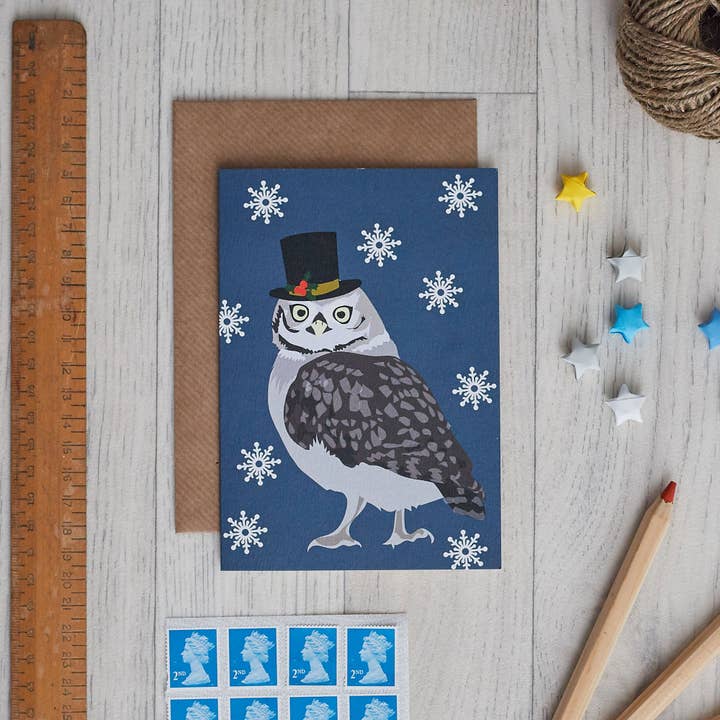 Christmas Owl Card met kerstmuts voor wholesale door Lorna Syson