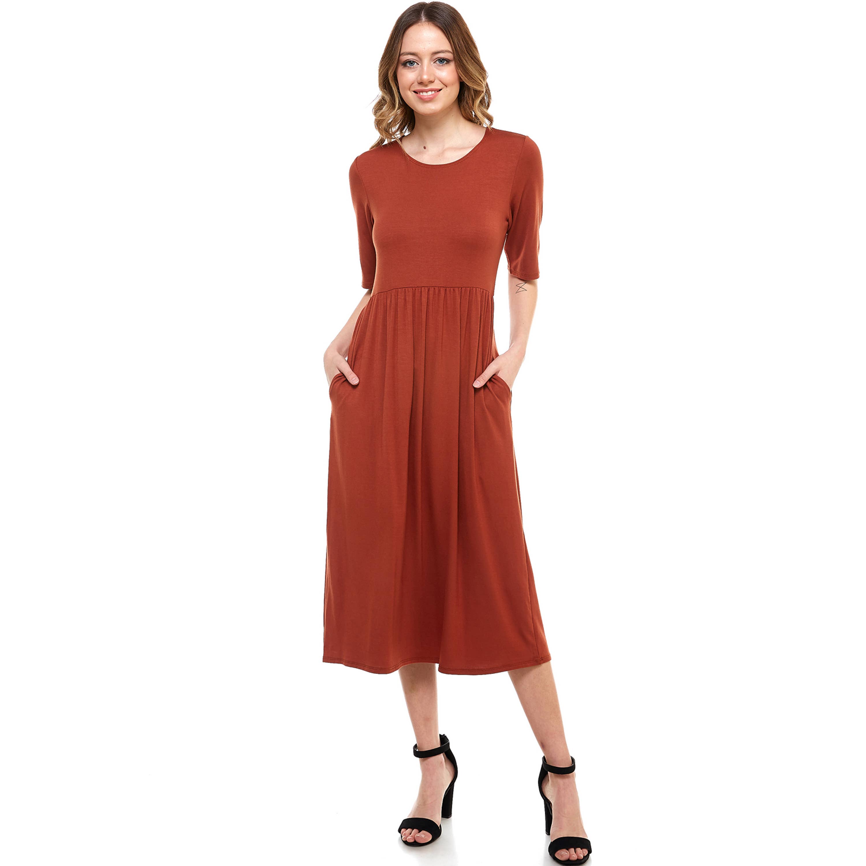 Hot Pink ADM-8267RS Elastic Waist Midi Dress With Pocket for wholesale on Faire2