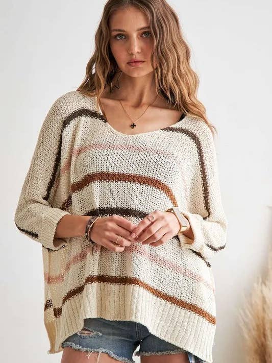 ADORA Sweater i Fuld Størrelse med Multifarvede Striber Plus Size for engroshandel hos Queenado