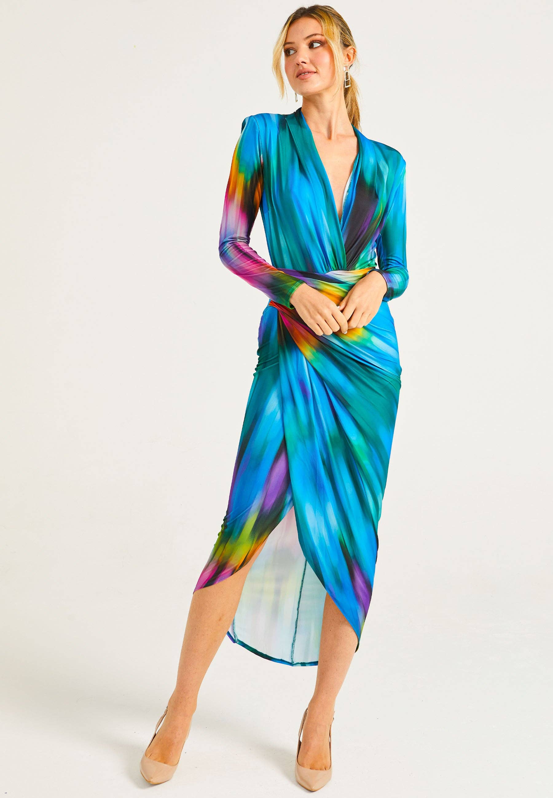 ANGELEYE – wholesale Dress – Women's – Plunge Neck Faux Wrap Print Midi Dress in Tie Dye3