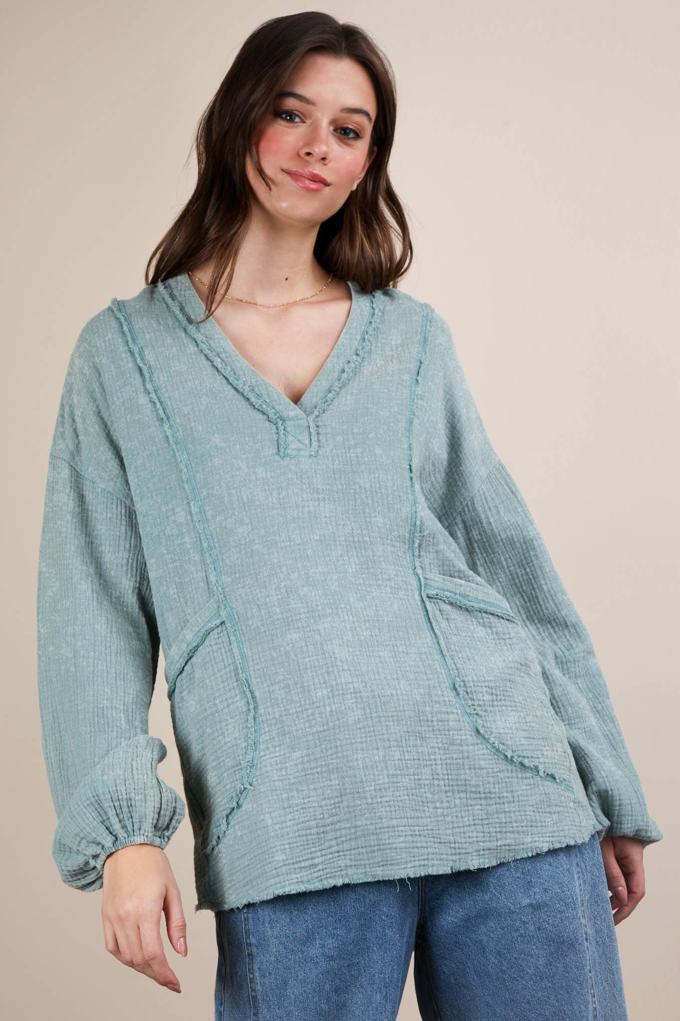 VERY J - Wholesale Shirt - Women's - NT12105-Washed Cotton Gauze Oversized Top2